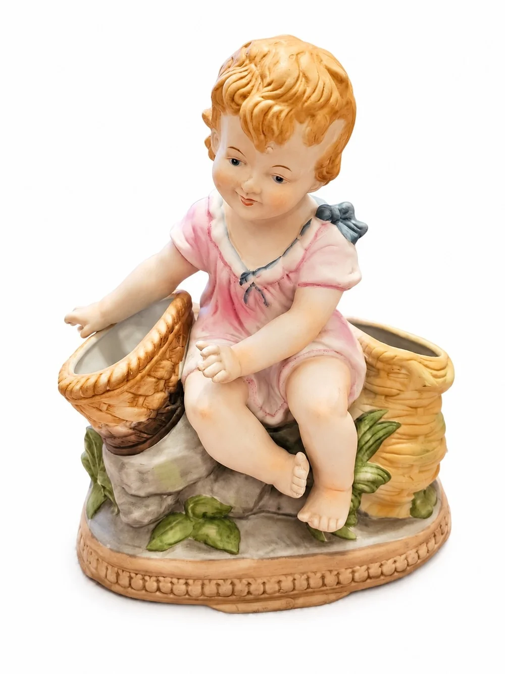 Porcelain Child Figurine Planter — Pink and Gold Accent